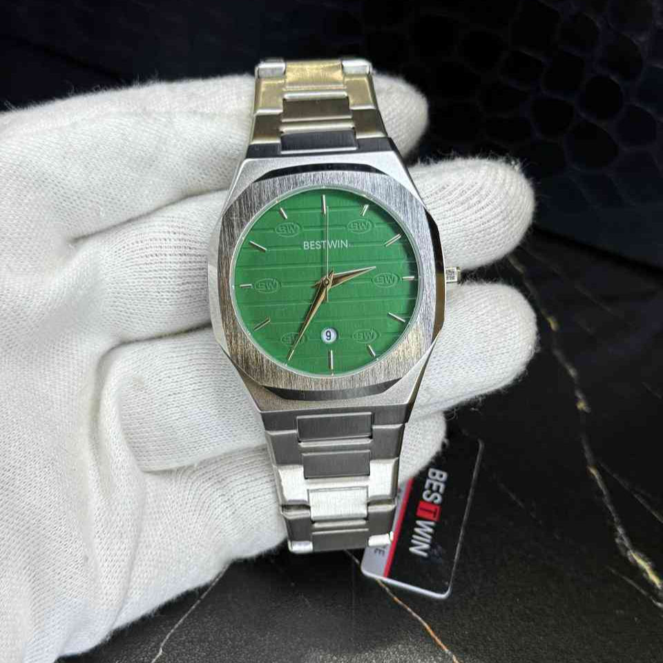 Bestwin Silver Stainless Steel Watch with Green Dial & Date Window
